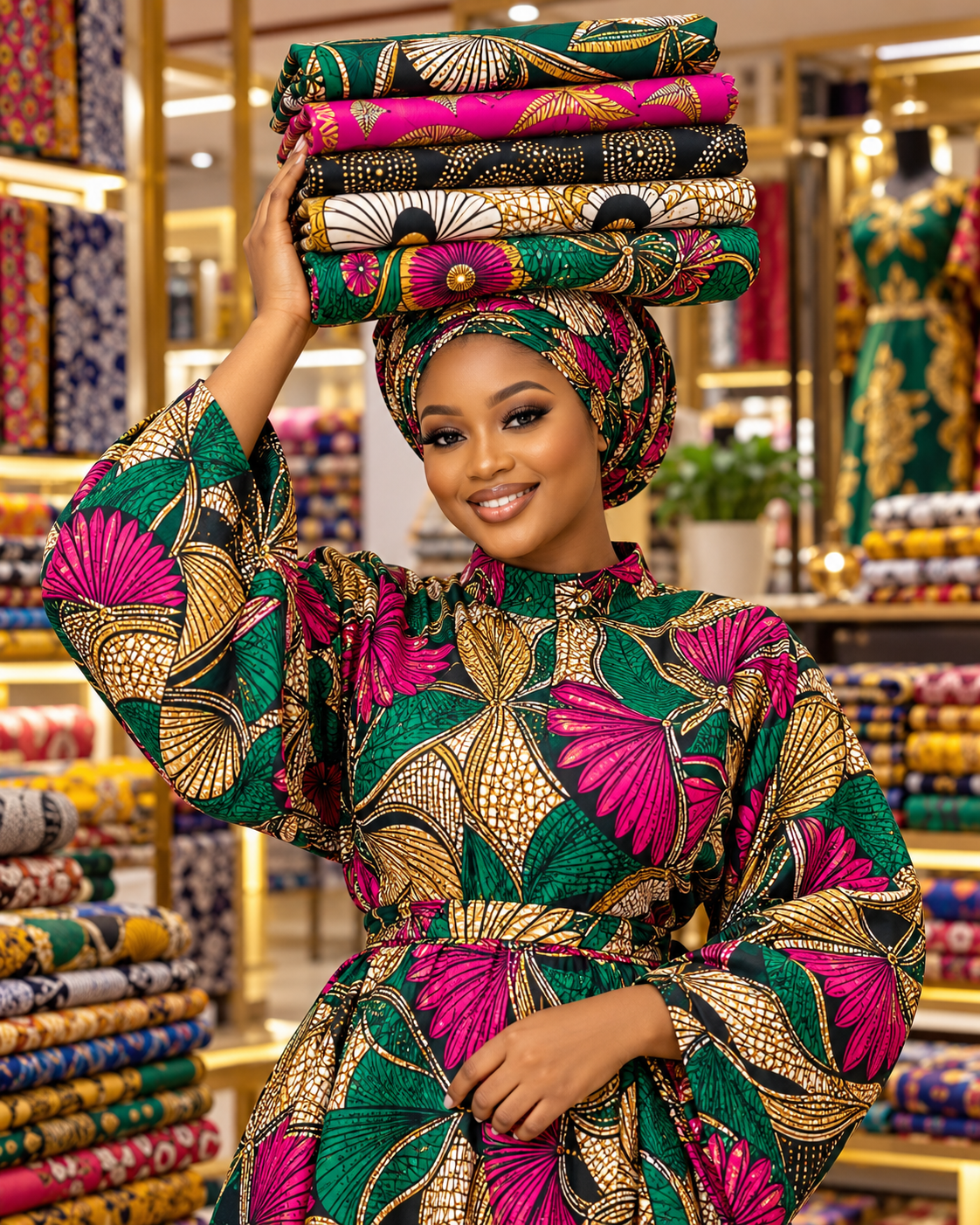 Woman wearing a vivid floral Ankara print in a fabric shop
